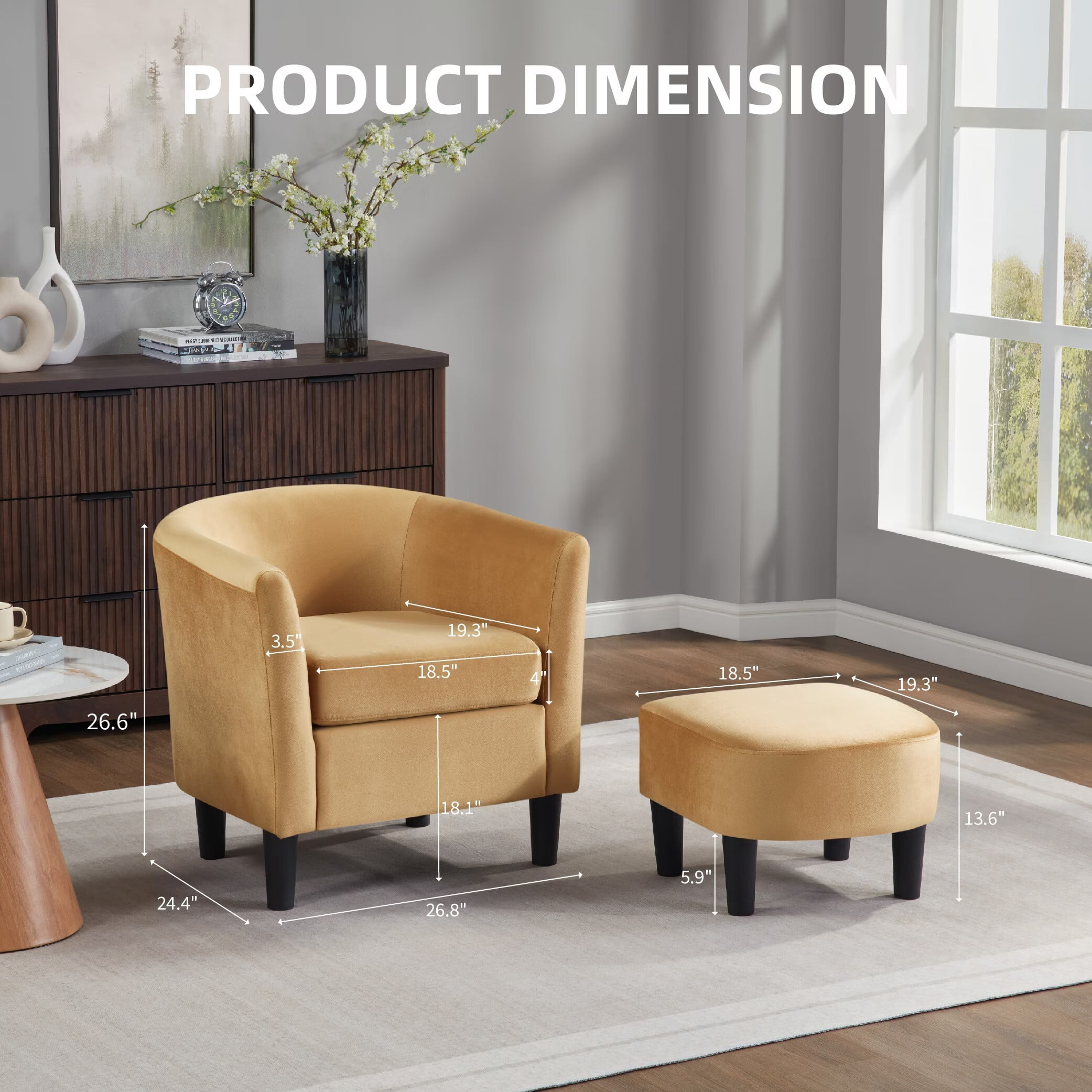 Avobird Living Room Chair With Ottoman Set, Chenille Barrel Armchair with Removable Back Pillow & 2 Armrest Covers, Yellow