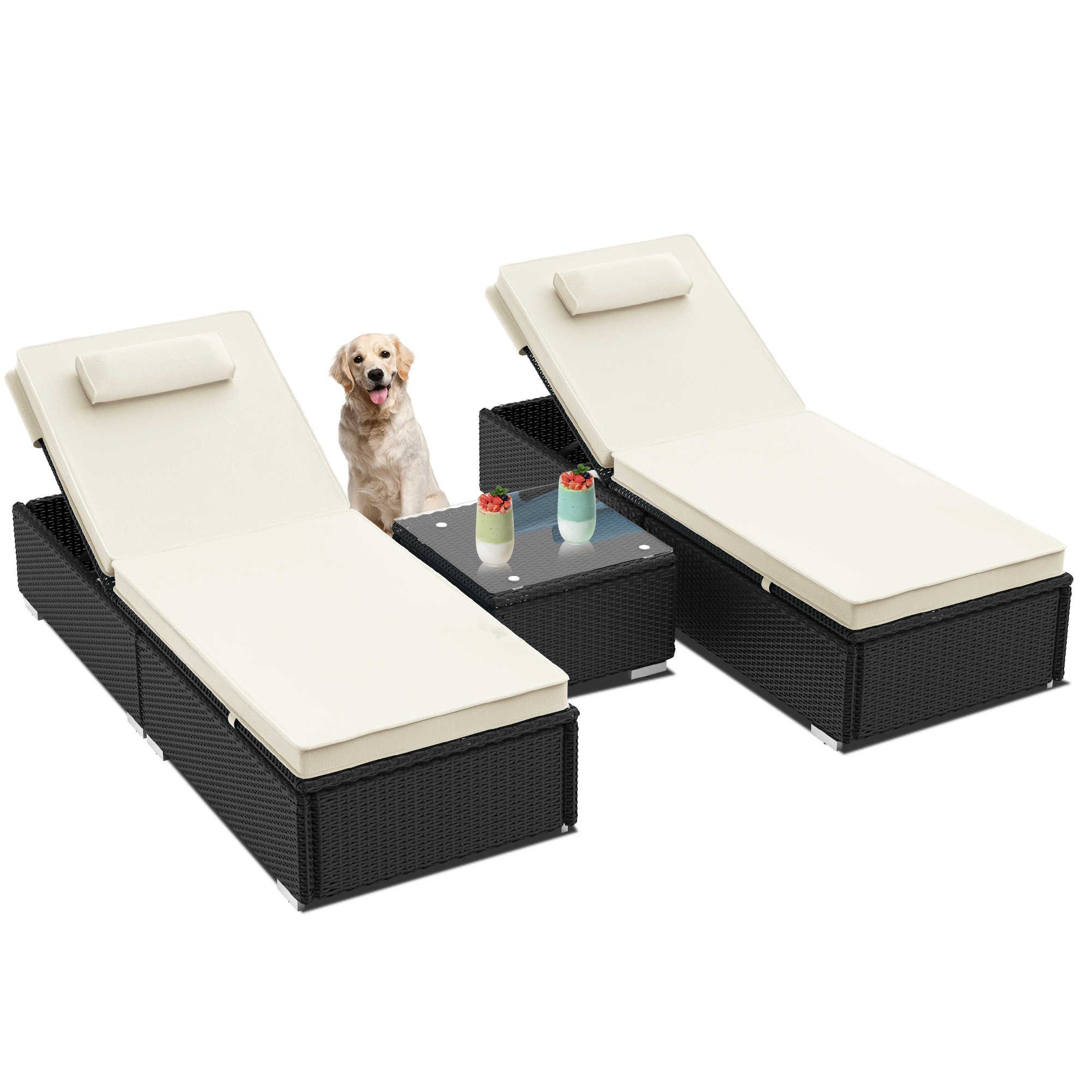 Sesslife Lounge Chairs for Outdoor Outside Lounge Chairs Set of 2, Adjustable PE Rattan Wicker Patio Pool Lounge Chair with Cushion and Side Table, for Poolside Backyard Deck Porch Garden, Beige - image 3 of 7