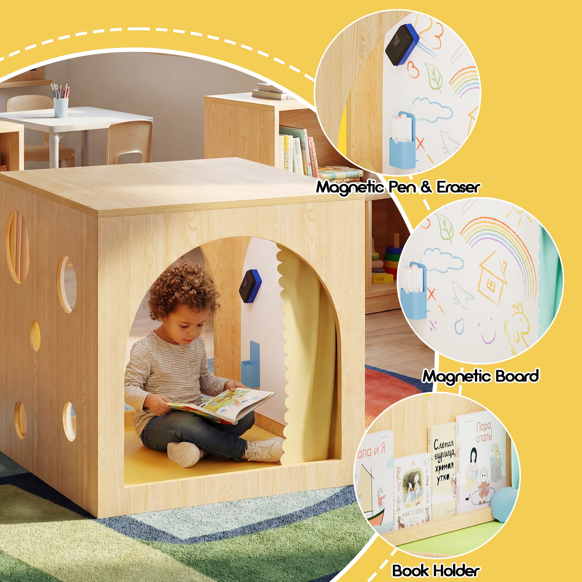 Advwin 30" Cozy Reading Cube with Curtains, Cushion Mat & Light, Wood Reading Nook Quiet Corner Playhouse with Whiteboard, Bookshelf & Acrylic Window Panel for Home School Classroom Daycare, Yellow
