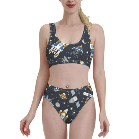 Bixox Space Cars Pattern Two-Piece Sports Bikini with U-Shaped Top and High-Waist Bottom - Women s Swimwear with Removable Bra Pads