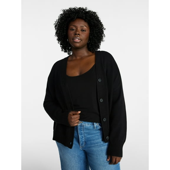 Terra & Sky Women's Plus Size Boyfriend Cardigan with Long Sleeves, Midweight, Size 0X-5X
