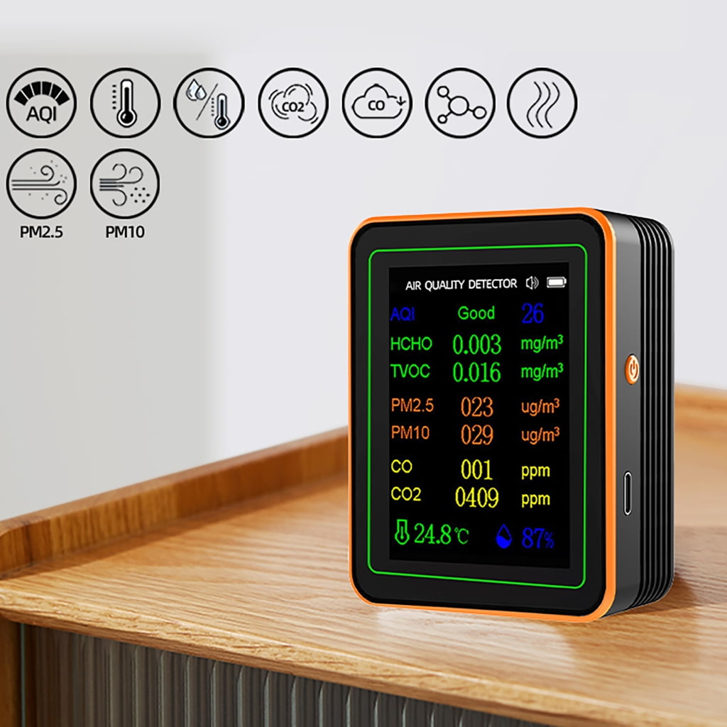 Osdhezcn Air Quality Pollution Meter HCHO TVOC CO CO2 PM2.5 PM10 Temperature Humidity Meter with Buzzers Tester Color Display