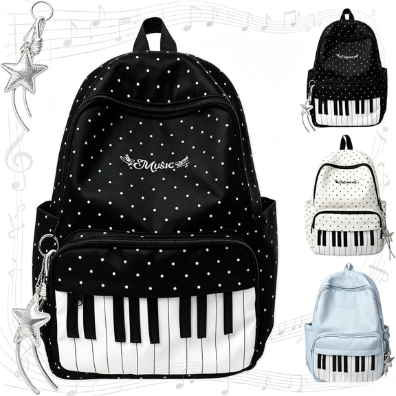 Piano Backpack, Polka Dot Nylon Music Daypack with Star Pendant, Whimsical Y2K Backpack for School, Campus, Work, Travel and Daily Commute