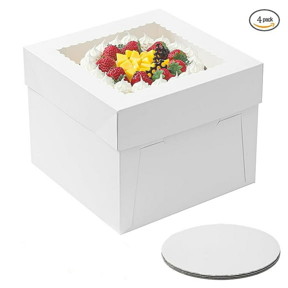 4 pack Cake Boxes with Window, 10x10x8 in Tall Cake Box with Boards, White Bakery Boxes for Donuts, Pies, Cookies, for Wedding, Birthday, Party