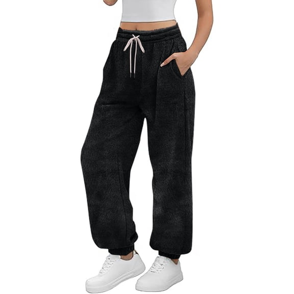 Women's Sweatpants Fleece Drawstring Elastic Waist Long Pant Winter Cuffed Ankles With Pockets