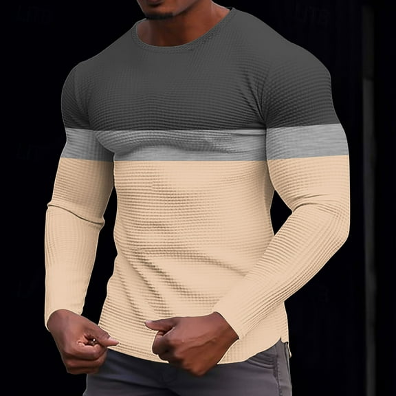 UQJfacai Mens Waffle Long Sleeve Shirts Striped Color Block Crewneck Thermal Underwear Tops Fall Winter Strech Casual Pullover Sweaters