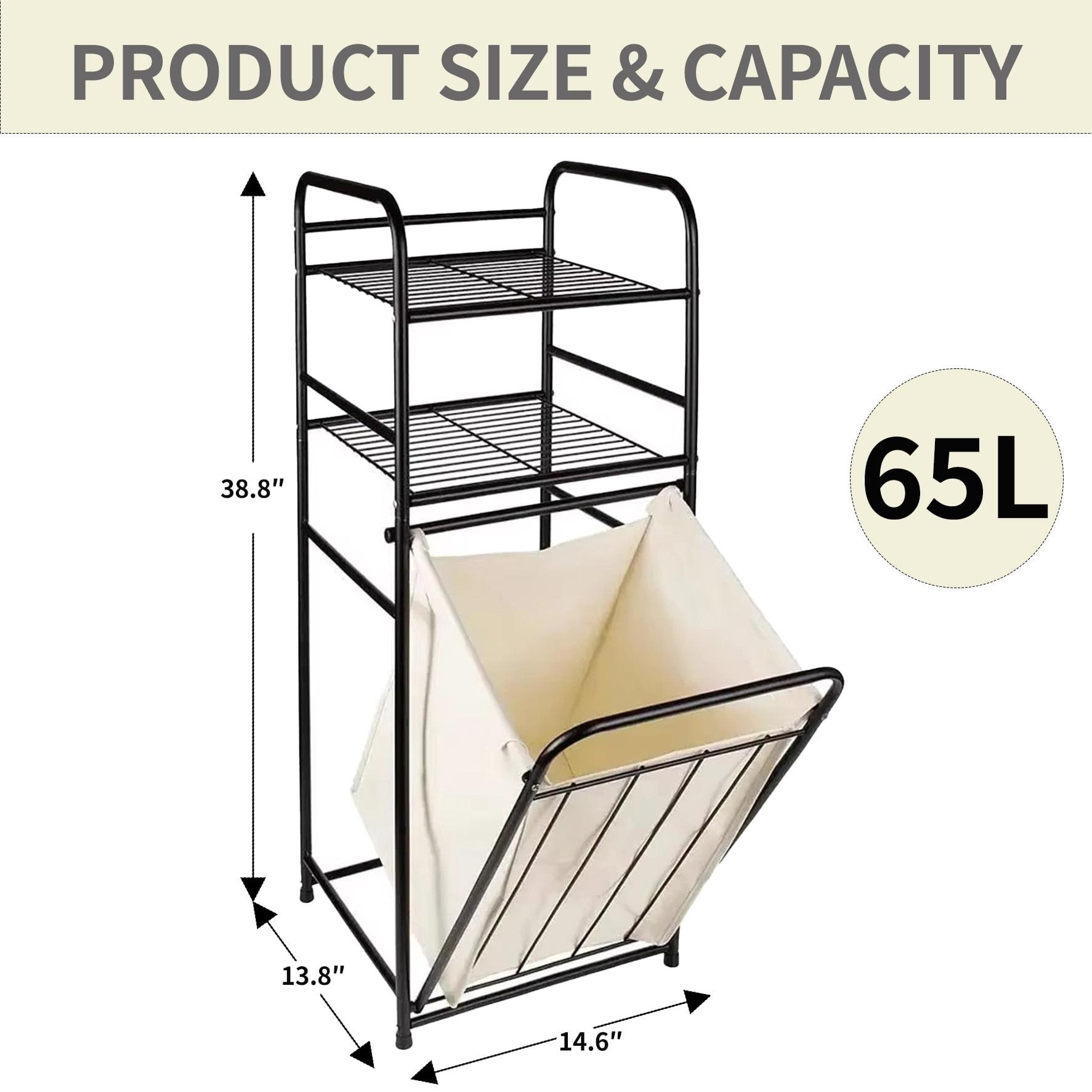 Takira Laundry Organize Basket Rack with Tilting Belt and Removable Bag,Featuring 2-Tier Shelving,Home
