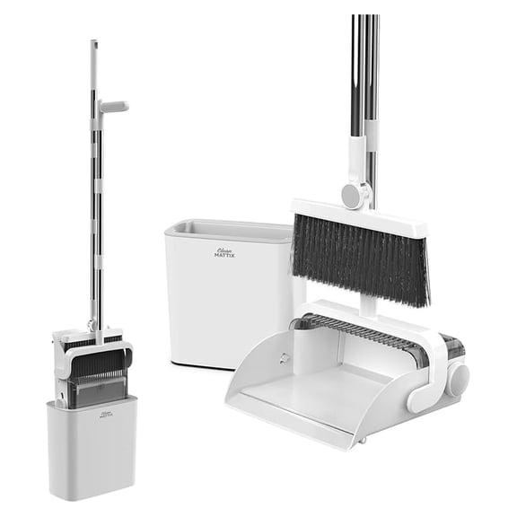 DustDockPro: Broom and Dustpan Set with Trashcan - Long Handle Upright Dust Pan with Teeth Comb, Angled Bristles for Pet Hair Removal, Compact Cleaning Kit for Kitchen Home Tiles Hard Floors
