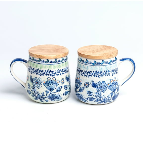 Taimei Teatime Coffee Mug with Lid, Set of 2, 16.5 Ounces, Ceramic Coffee Mugs with Handpainted Blue and White Floral Pattern