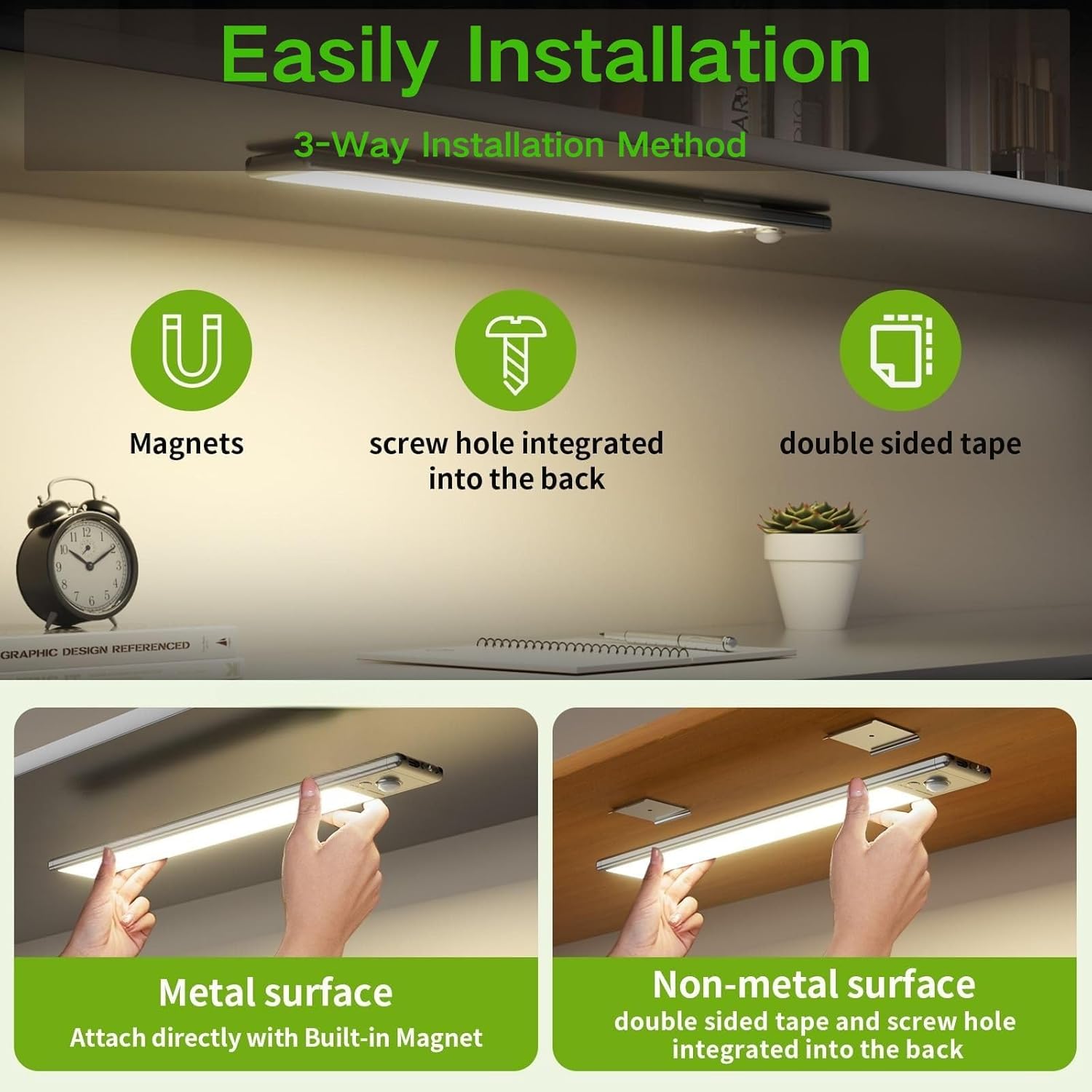 9.5 Inch 2-Pack Rechargeable Motion Sensor Light Bar, Magnetic Dimmable Under Cabinet Lighting, 3 Color LED Closet Light for Kitchen Stairs