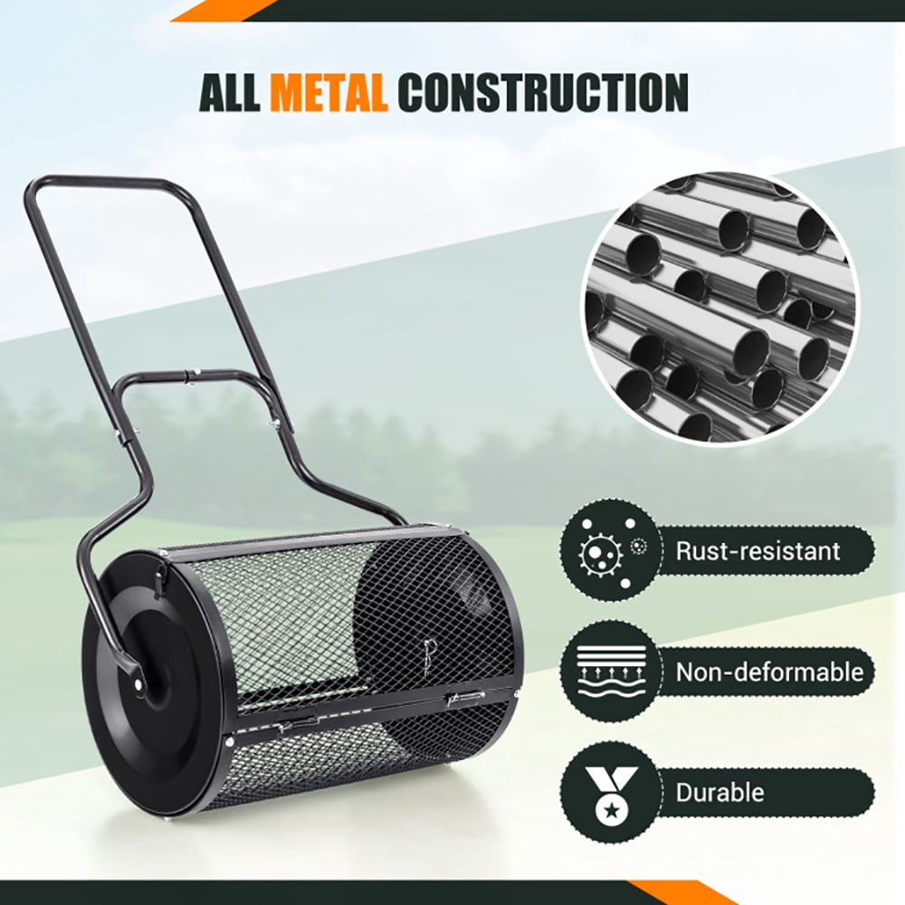 Spaco 24” Peat Moss Spreader with Upgrade Side Latches and U-shape Handle-Black, Lawn Roller for Garden, Farm, Park, Black