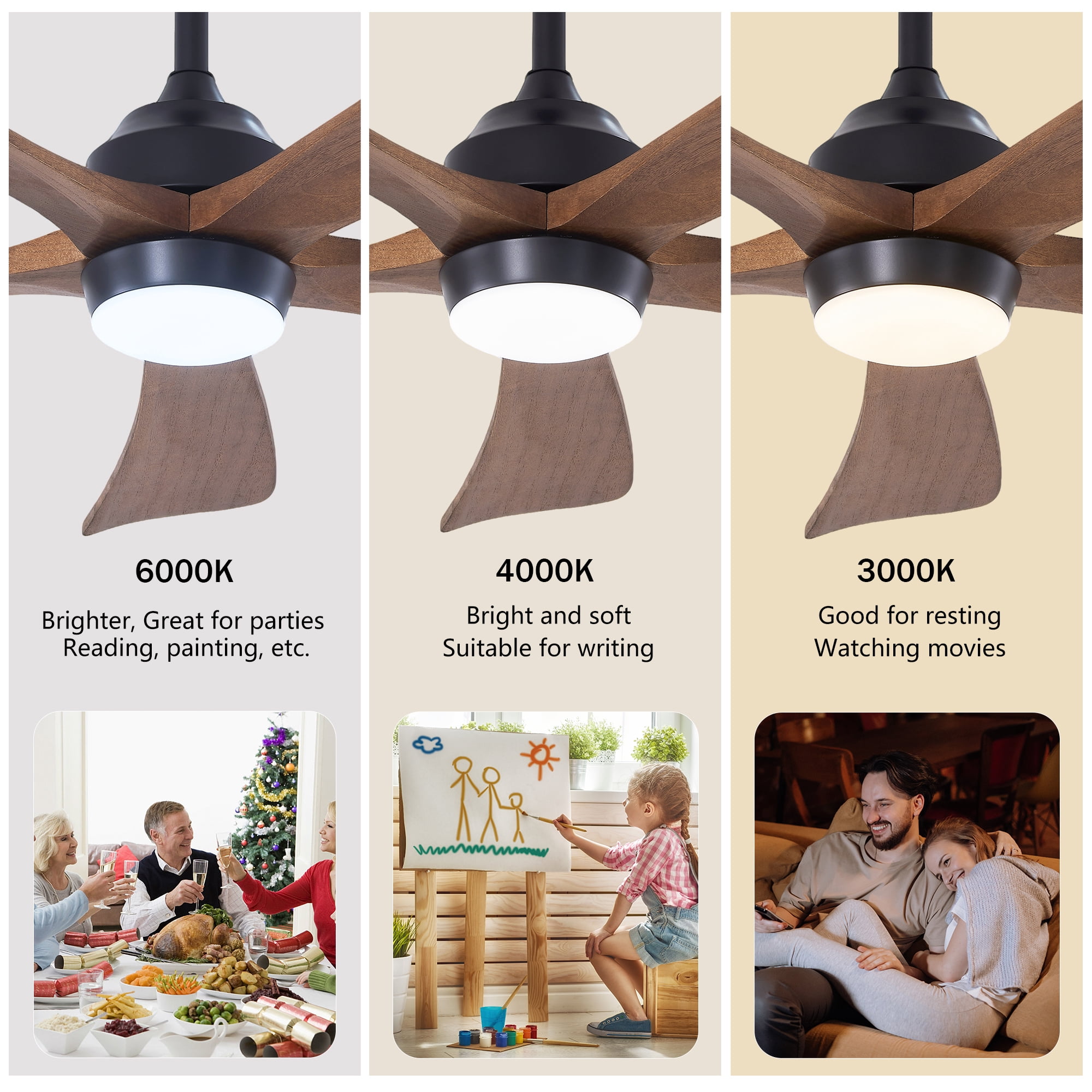 Leumius 52" Solid Wood Blades Ceiling Fan with Light and Remote Control,Quiet DC Motor 5 Blade Ceiling Fans 6 Speed Levels,Reversible for Patio Living Room Bedroom Office Black