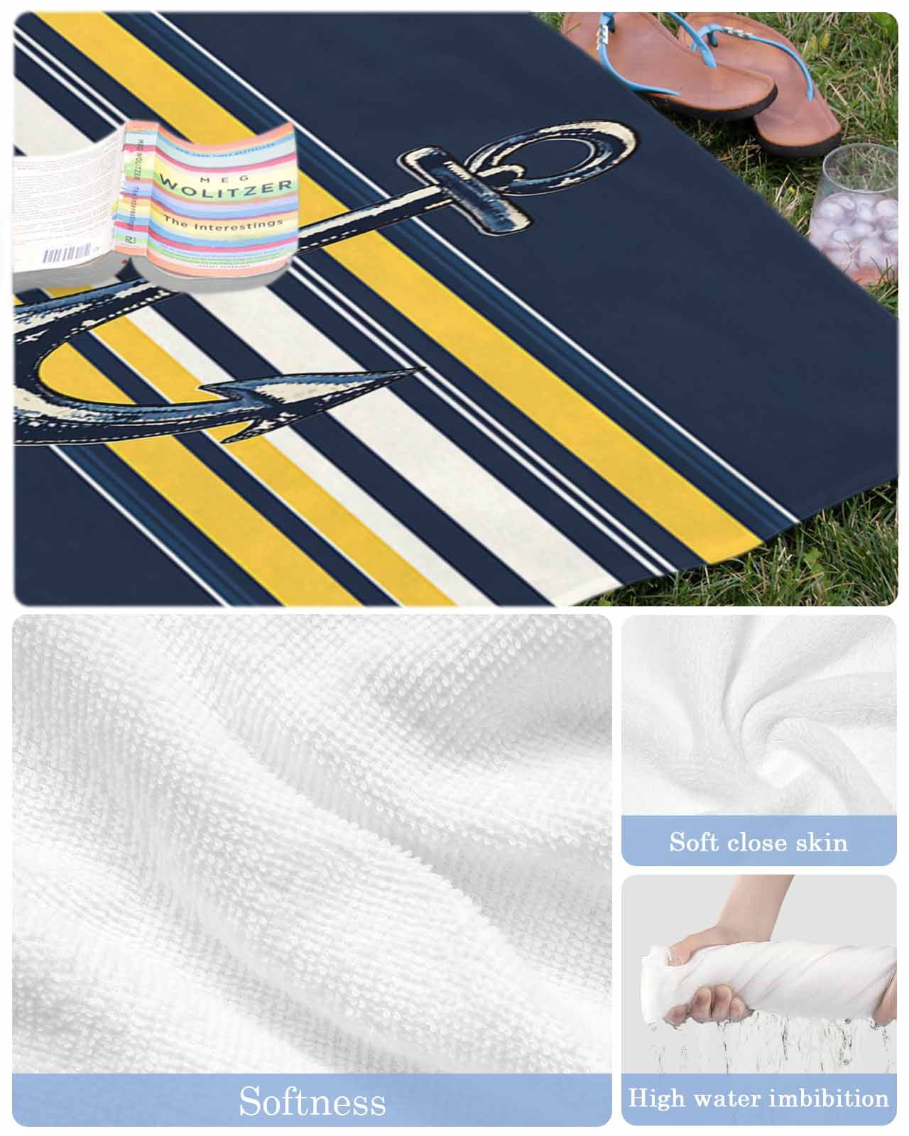 Nautical Anchor Beach Towels Oversized Super Absorbent, Navy Blue Yellow Striped Farmhouse Ombre Lightweight Bath Towel Quick Dry Sets For Bathroom/Pool/Rv Camping/Beach Play/Gym Room/Picnic 23"x47"
