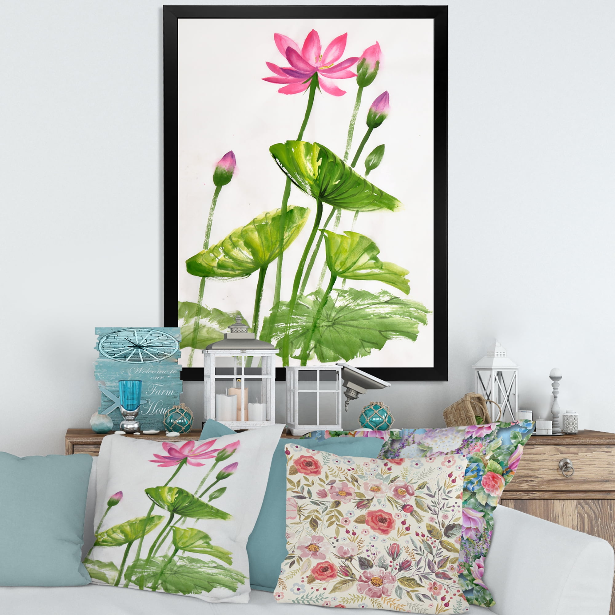 Designart 'Pink Vintage Lotuses In The Pond VII' Traditional Framed Art Print