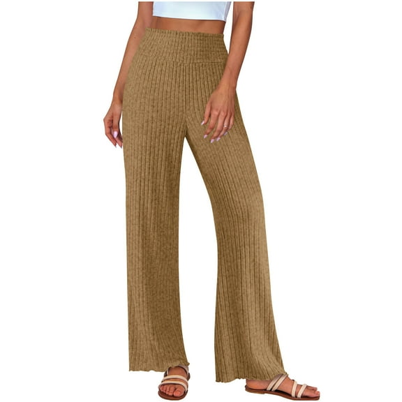 aohooy Trendy Womens Pants Ribbed Knit Elastic High Waist Lounge Pajama Pant Loose Wide Leg Comfy Solid Trousers Khaki,XXL