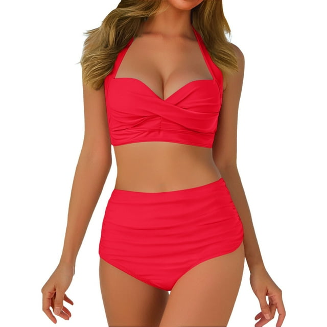 Women's V Neck Padded High Waisted Bikini Set - Front Full Coverage Ruched Two Piece Swimsuit - Adjustable Straps Bathing Suit
