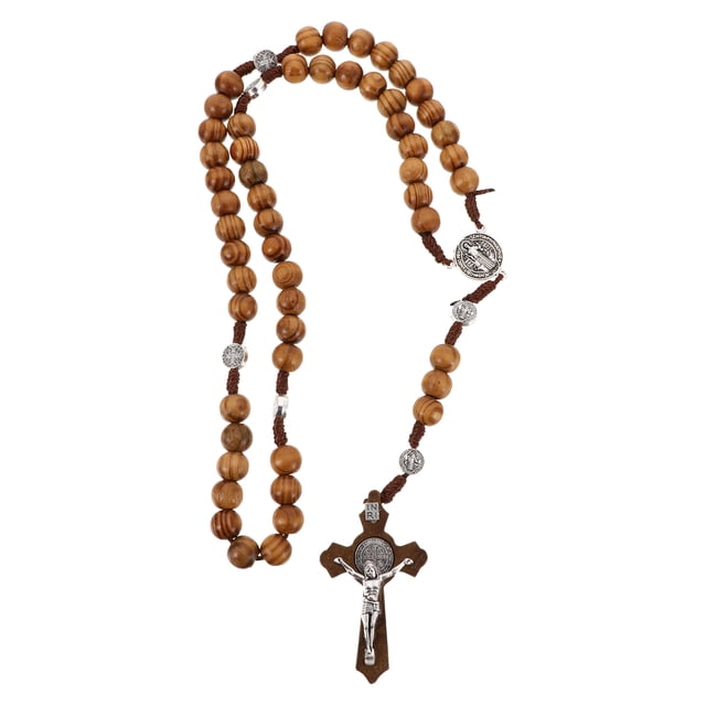 Exquisito collar de cruz con cuentas de oración, cadena de cuentas de madera, joyería de madera
