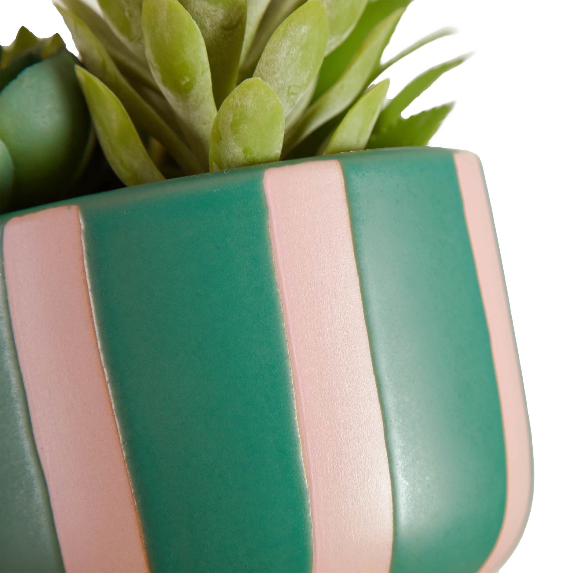 Mainstays Green and Pink Striped Ceramic Jar with Faux Succulent
