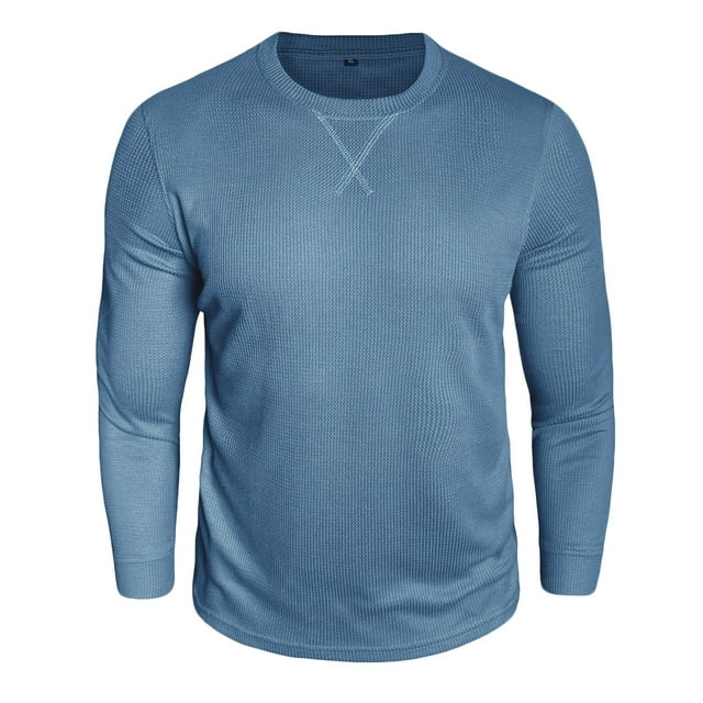 Lovzfmll Haut de Base en Tricot Gaufré Uni pour Hommes, Chandail à Manches Longues Col Rond Bleu, 2TG