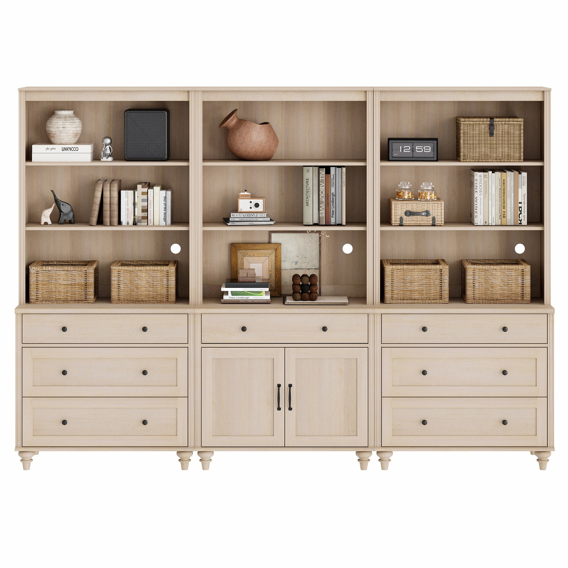 Farmhouse 5 Tier Bookcase With 7 Drawers and 2 Doors, Beige, 101.6" W
