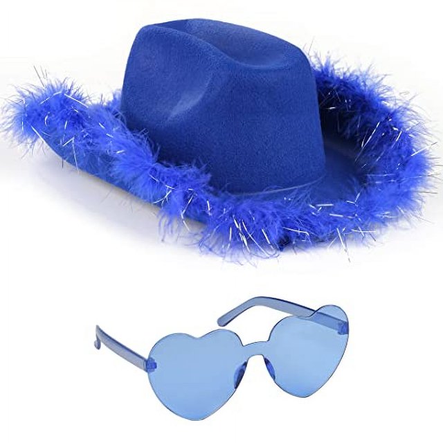 Sombrero de Vaquera Funcredible Azul con Gafas Divertidas para Disfraz de Vaquera Halloween