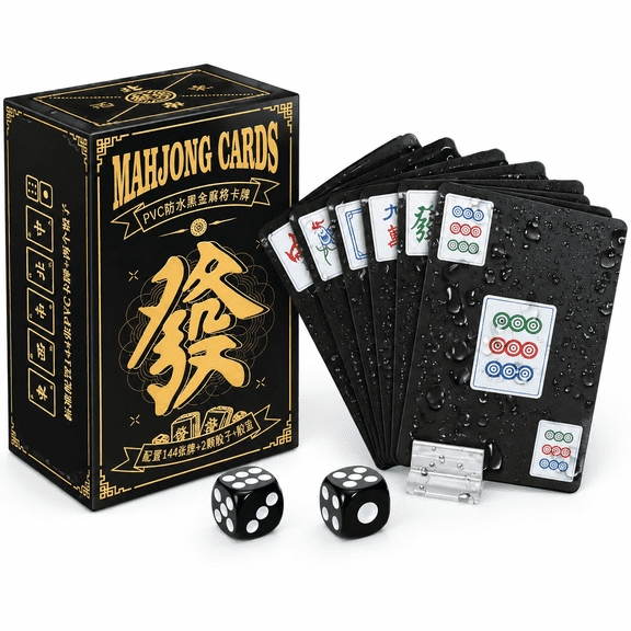 Leafnora Mahjong Playing Cards - 144 Pcs Waterproof PVC Portable Mahjong Set with 2 Dice - Lightweight Travel Mahjong Cards for Camping & Family Game Night - Quiet & Durable with Storage Box