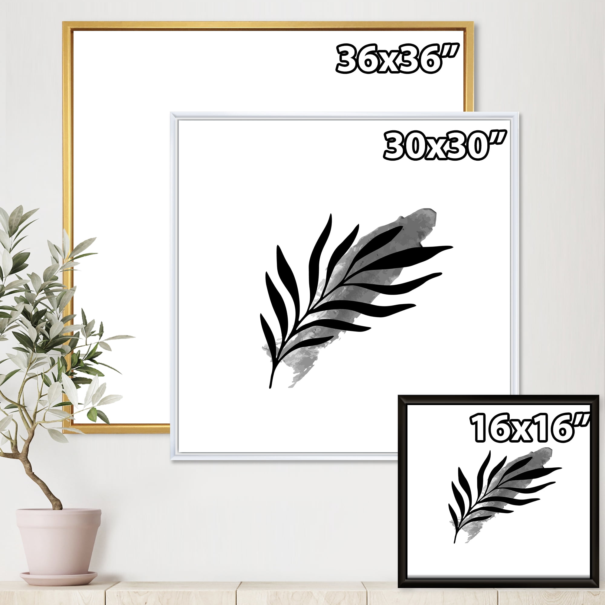 Designart 'Abstract Black Tropical Leaf I' Modern Framed Canvas Wall Art Print