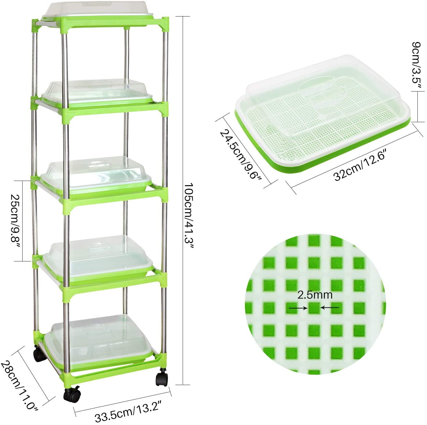 5 Layers Seed Starter Kit - Seed Sprouter Trays with Clear Lid & Stainless Steel Shelf, Soil-Free Germination Trays for Indoor/Outdoor Microgreens, Wheatgrass Mung Beans Cat Grass & Seedling Growing