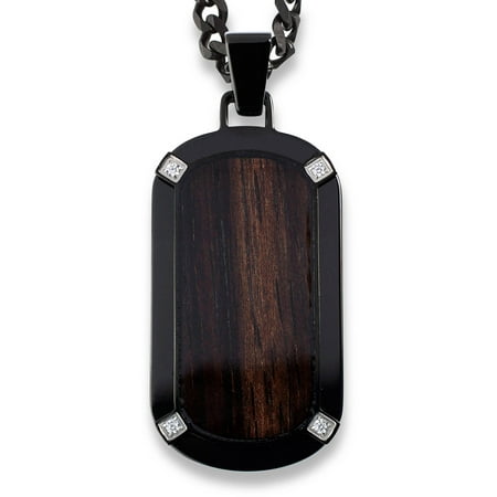 Crucible Black-Plated Stainless Steel Dark Wood Inlay with CZ Dog Tag Pendant
