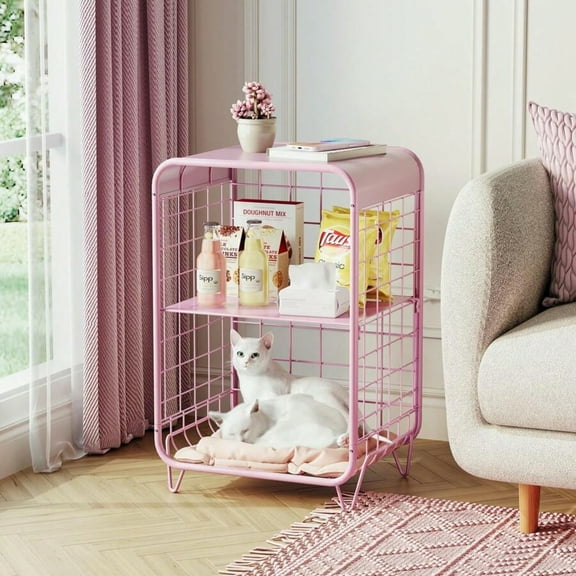 3 Tier Metal Side Table - Vintage Cute Design, Pink Accent Table with Storage, Multi-Use as Nightstand/Bedside Table/Small Coffee Table for Girls Bedroom/Living Room/Dorm/Outdoor Decor