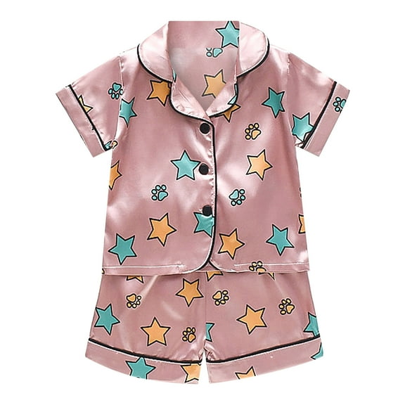Otqutp Toddler Kids Baby Boys Girls Satin Cartoon Button Down Short Sleeve Shirt Tops   Shorts Pants Silk Pajamas Sleepwear Outfits Loungewear Set