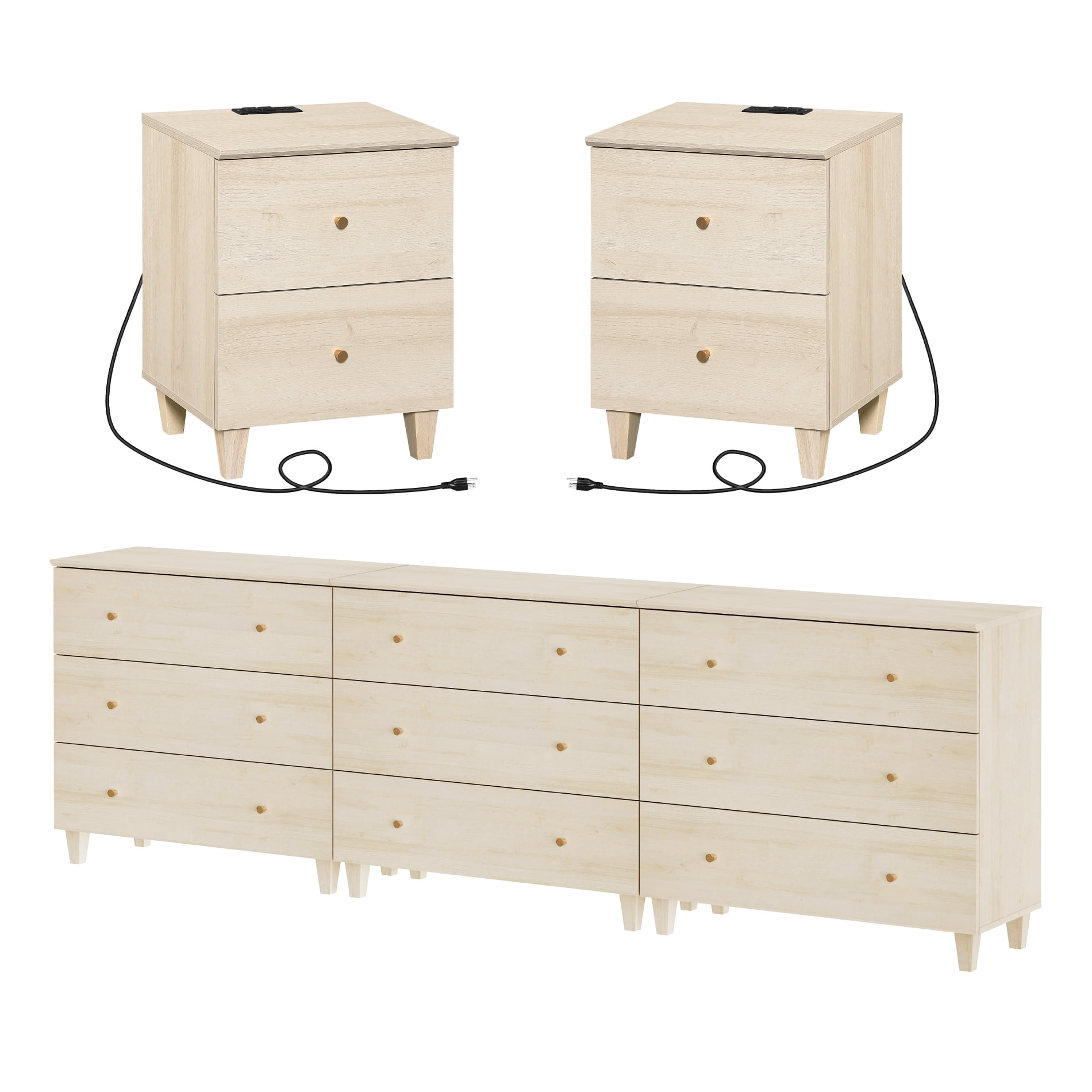 WAMPAT Dresser and Nightstands Set of 5, Wood Dressers with 9 Drawers, 2 Pieces Nightstands with Charging Stations for Living Room, Natural Oak