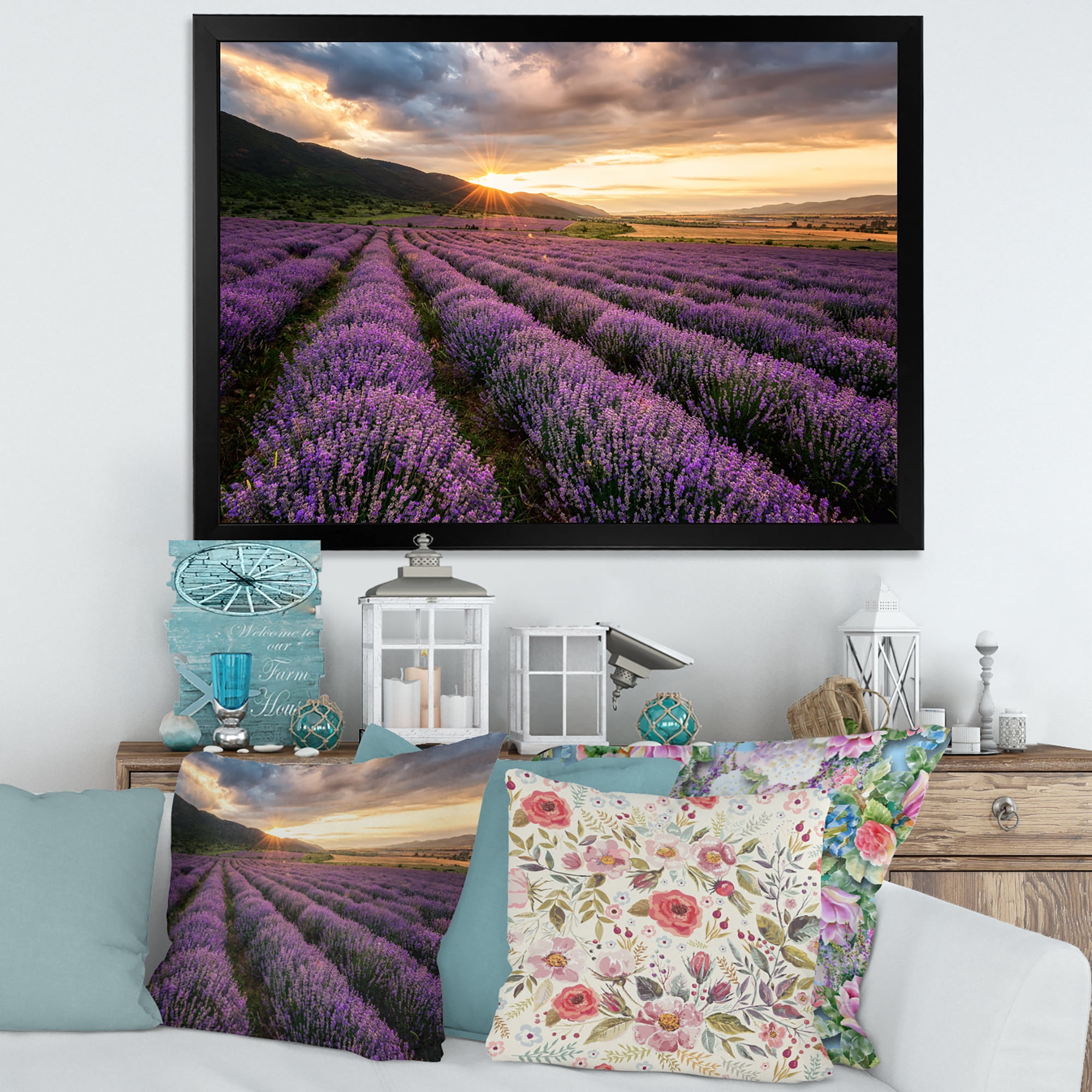 Designart 'Dramatic Clouds and Sunrise Over Lavender Field VI' Farmhouse Framed Art Print