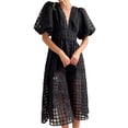 thumbnail image 3 of Liacowi Women Midi Dress Mesh Plaid Texture Puff Short Sleeve Dress V-Neck Party Dress, 3 of 4