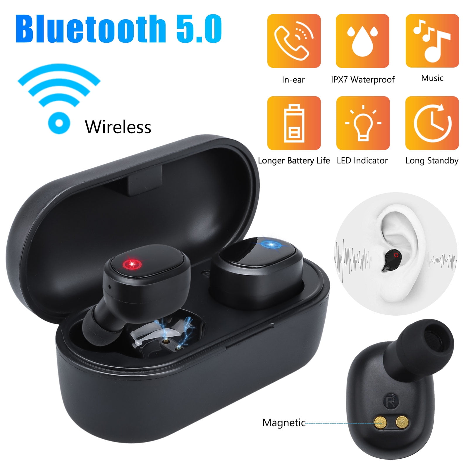 EEEKit Bluetooth 5.0 True Wireless Earbuds In-Ear Sports Noise Cancelling Headphones Earphones with Built-in Mic, Charging Case for Smartphones PC Tablets