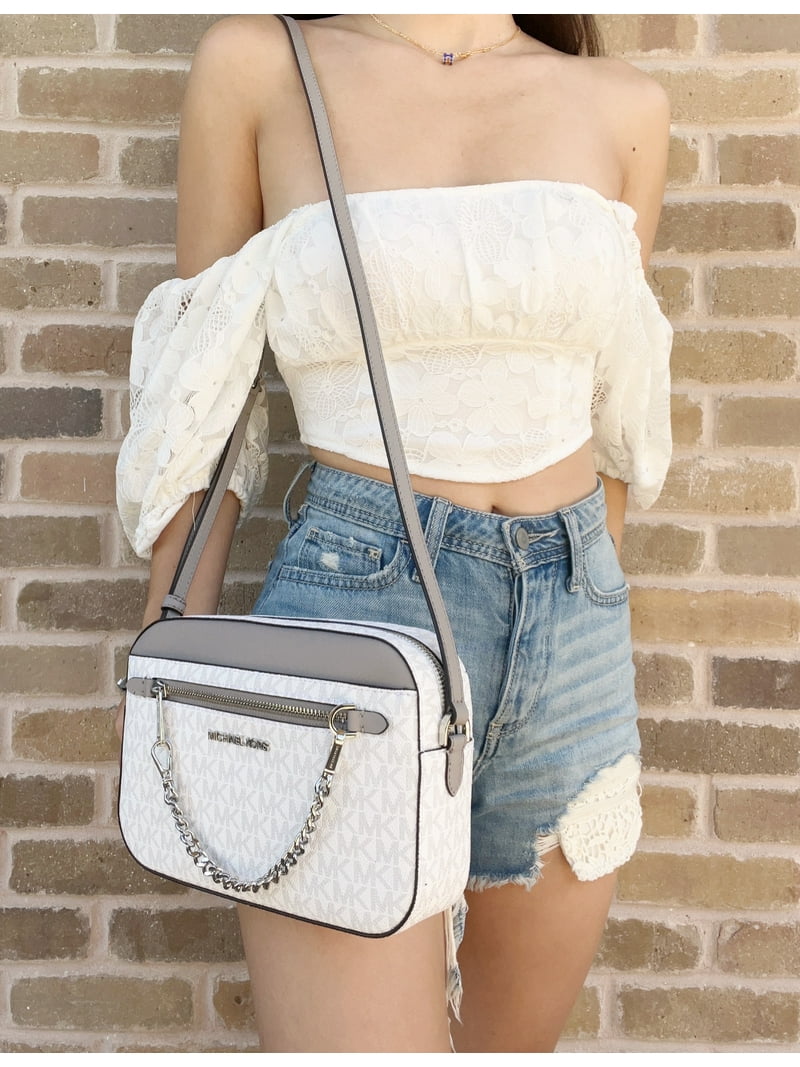 Michael Kors Large Chain Crossbody Bag in Bright White Logo Pearl