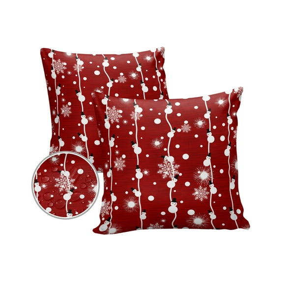 Pack of 2 Outdoor Pillow Covers, Red Christmas Snowman Snowflake Waterproof Square Throw Pillowcase Cushion Decorative Pillow Covers for Couch Patio Tent, 16x16 in