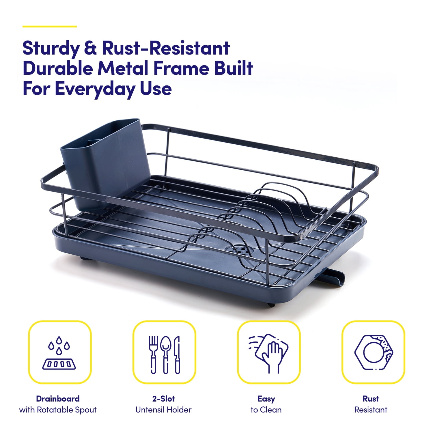 3-Piece Multi-Functional Dish Drying Rack with Drain Board & Utensil Holder, Navy Blue