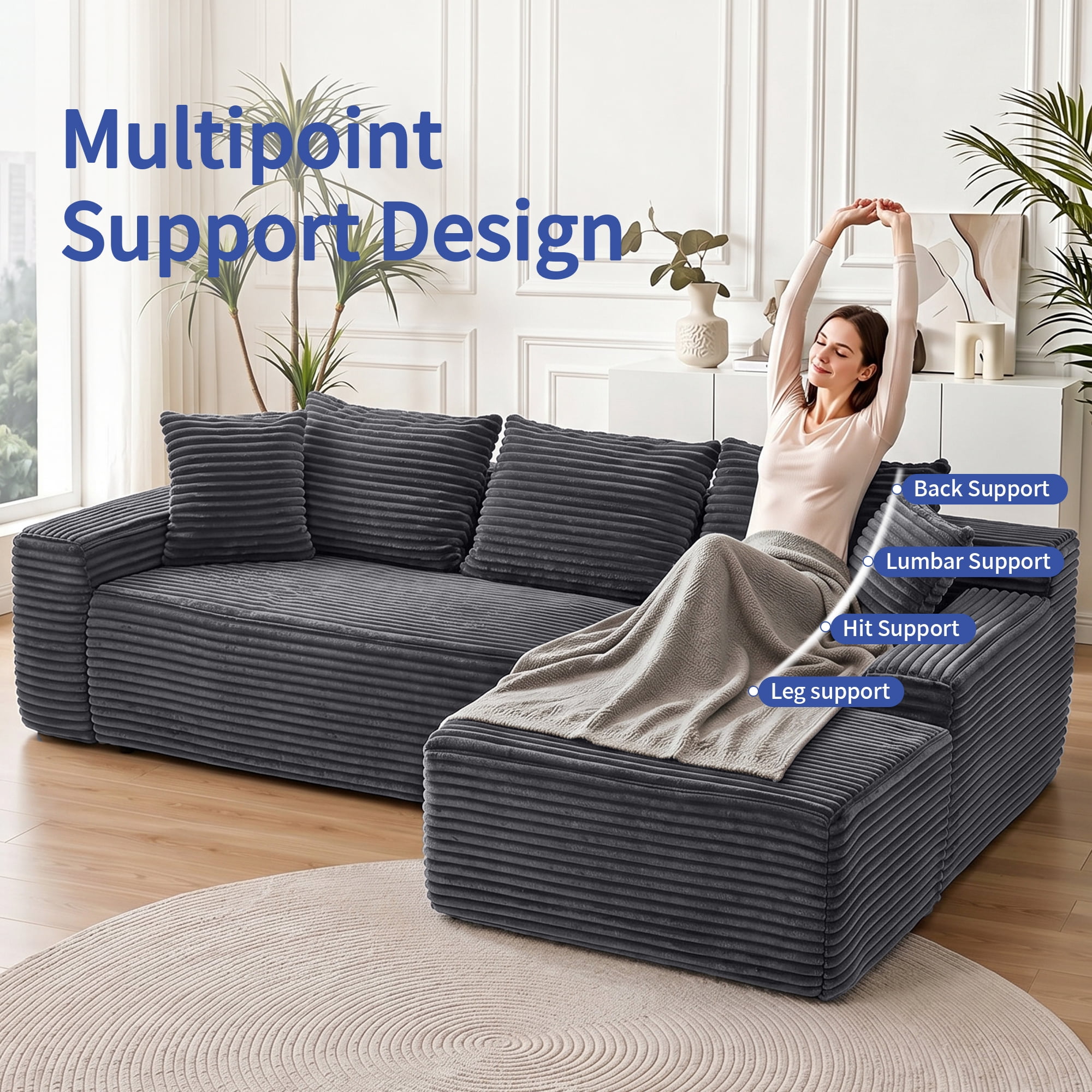 Leumius 95" Boneless Modular Sectional Sofa with Chaise,L-Shaped Comfy Corduroy Couch with Deep Seat,Upholstered Sectional Couch for Living Room, No Assembly,Gray
