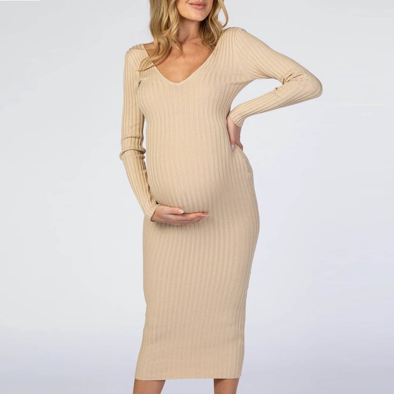Shomport Fall Maternity Dress Long Sleeve V Neck Maternity Sweater Dress Fall Knit Solid Color Maternity Maxi Dress