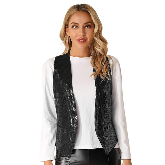 Manyakai Women's Sparkle Sequins Waistcoat Open Front Jacket Sleeveless Coat Vest Tops Black 3XL