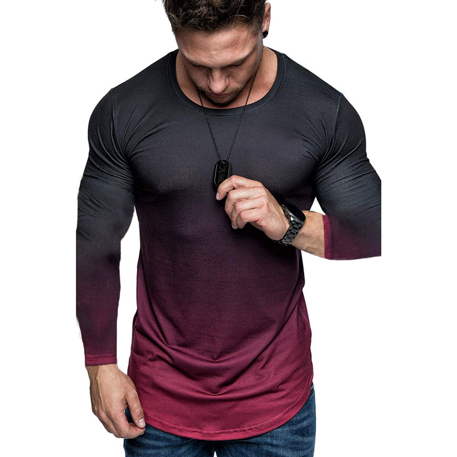 unbrand - Men Long Sleeve Slim Fit O-Neck Muscle Tee T-shirt Casual ...