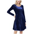 thumbnail image 2 of Blczomt Long Sleeve Women's Dress Flowy Blue Midi Velvet A Line Solid Crew Neck Dressy Formal Dresses, 2 of 8