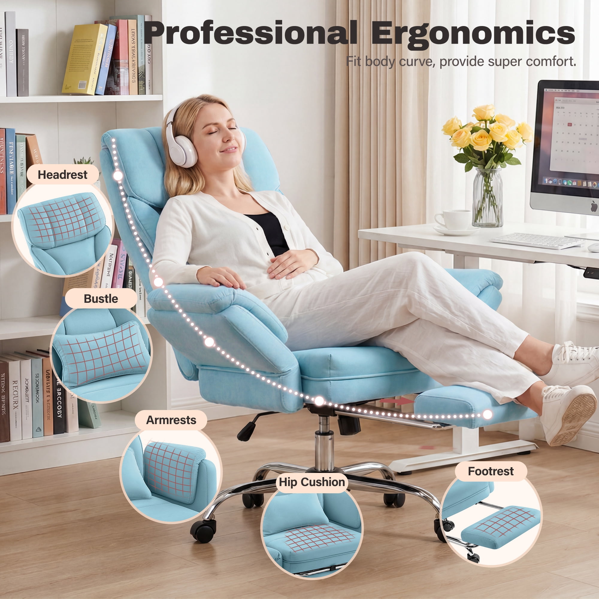 Primy Cross Legged Big and Tall Office Chair with Footrest & Convertible Armrests, 500LBS Velvet Home Desk Chair, Ergonomic Recliner with Lumbar Pillow, Criss Cross Soft-Cushioned Executive Chair
