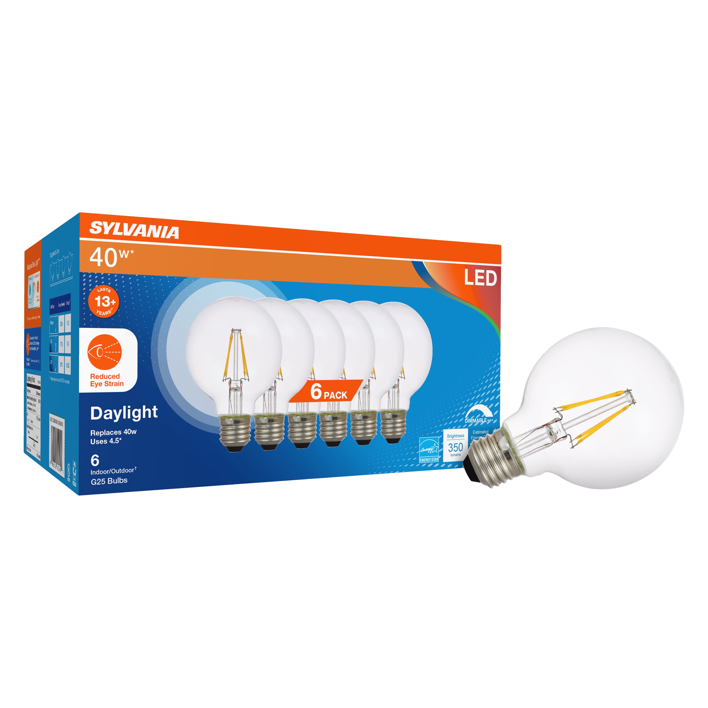 Sylvania LED Reduced Eye Strain Globe Light Bulb, 40W, Dim, Clear, Daylight, 6 Pack