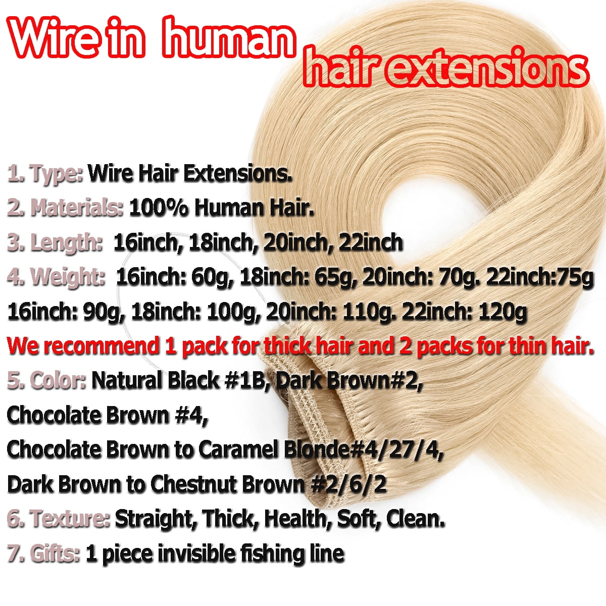 SEGO Wire Hair Extensions 100% Human Hair Straight Hair Extensions 16inch-22inch Light Blonde Highlighted Golden Blonde Invisible Wire Fish Line Hair Extensions Straight Human Hair Extensions