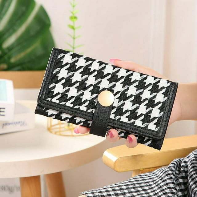 FeiraDeVaidade Houndstooth Coin Purses Buckle Canvas Coin Clutch Bag Lady Wallet Card Holder Case Short Purse Purse Card Wallet