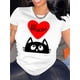 thumbnail image 1 of Women's Casual Crew Neck T-Shirt with Black Cat and Heart Print, Polyester 95% Spandex 5% Knit Fabric, Medium Stretch, All Season Fashion Top, 1 of 6