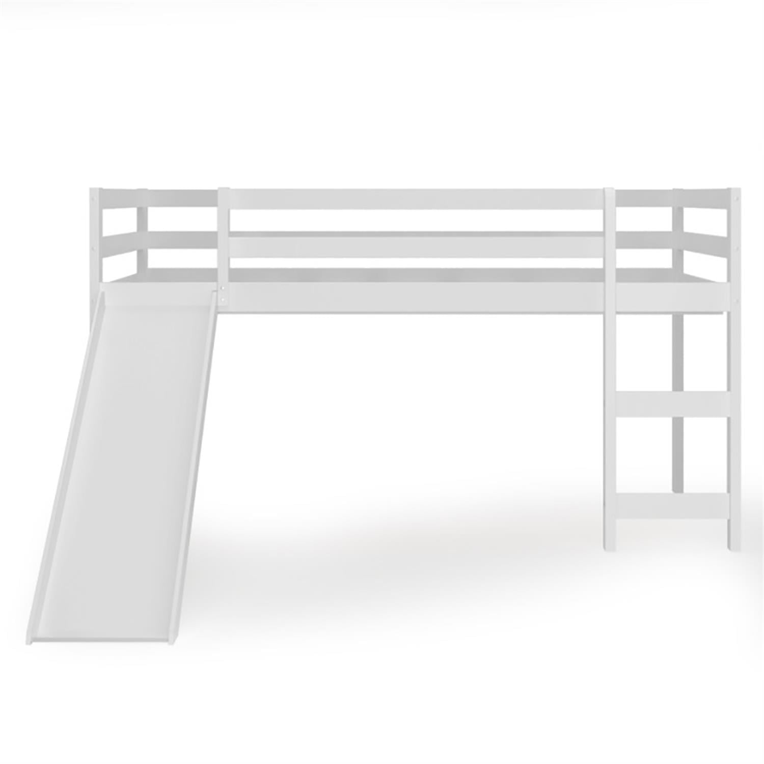 Demi Bonn Twin Over Twin Floor Bunk Bed with Slide and Ladder, Solid Pine Wood Low Bunkbeds with Safety Guardrails for Dorm, Bedroom, Guest Room, White