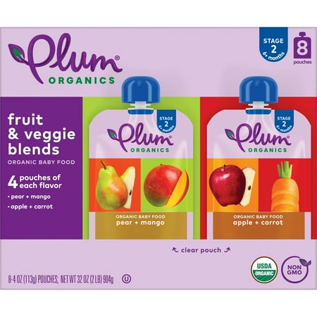 Plum Organics Stage 2 Organic Baby Food, Variety Flavors, 4 oz Pouch (8 Pack)